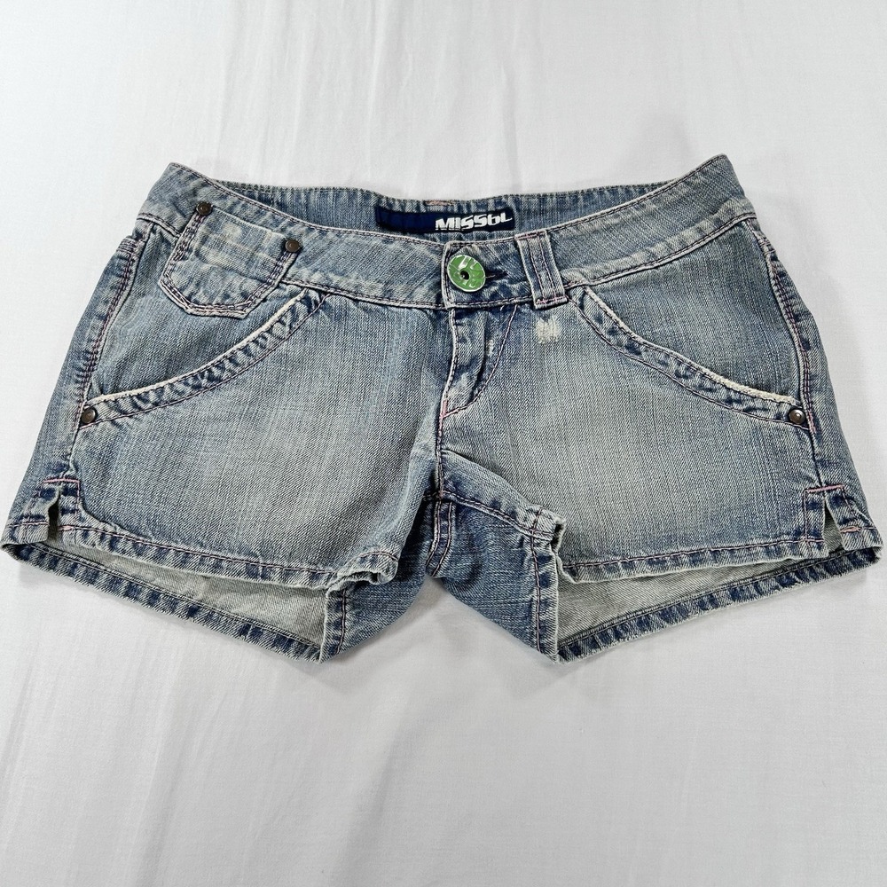 Miss Sixty Vtg Denim Sz 28 Women's Mini Shorts Made Italy Green Button RARE Y2K